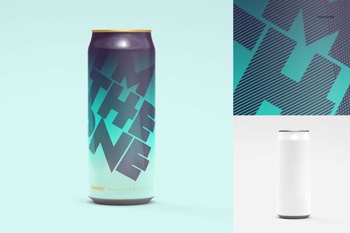 Tall can mockup featuring a gradient teal and purple design with bold text, shown from the front on a light background.