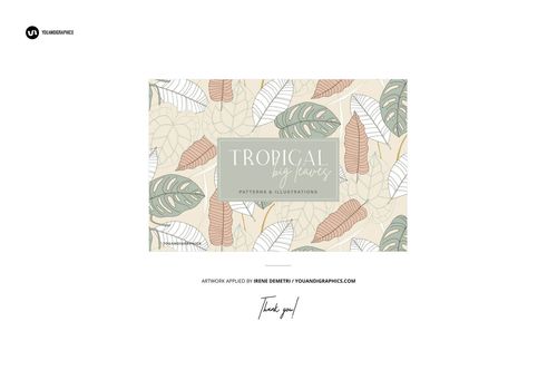 Fabric stack mockup displaying layered textiles with illustrated leaves in soft pastel colors, top-down perspective.