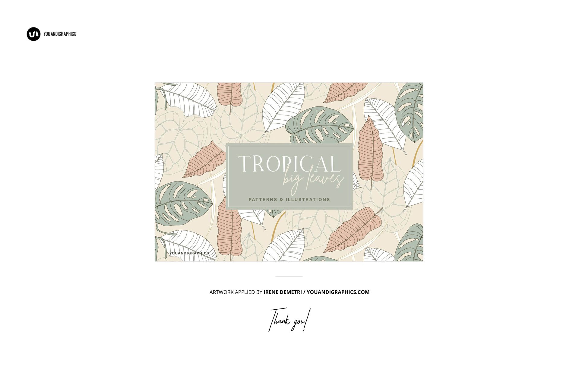 Fabric stack mockup displaying layered textiles with illustrated leaves in soft pastel colors, top-down perspective.