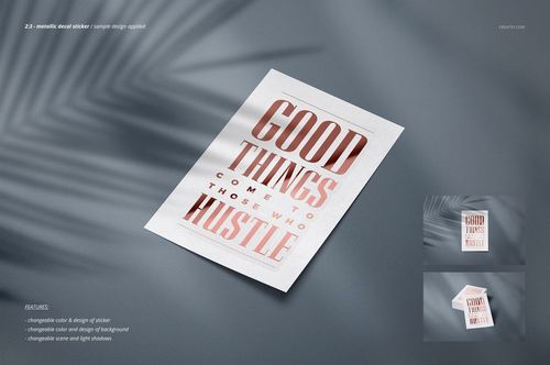 Decals Stickers Mockup Set featuring a rectangular sticker with metallic lettering, displayed on a neutral background.