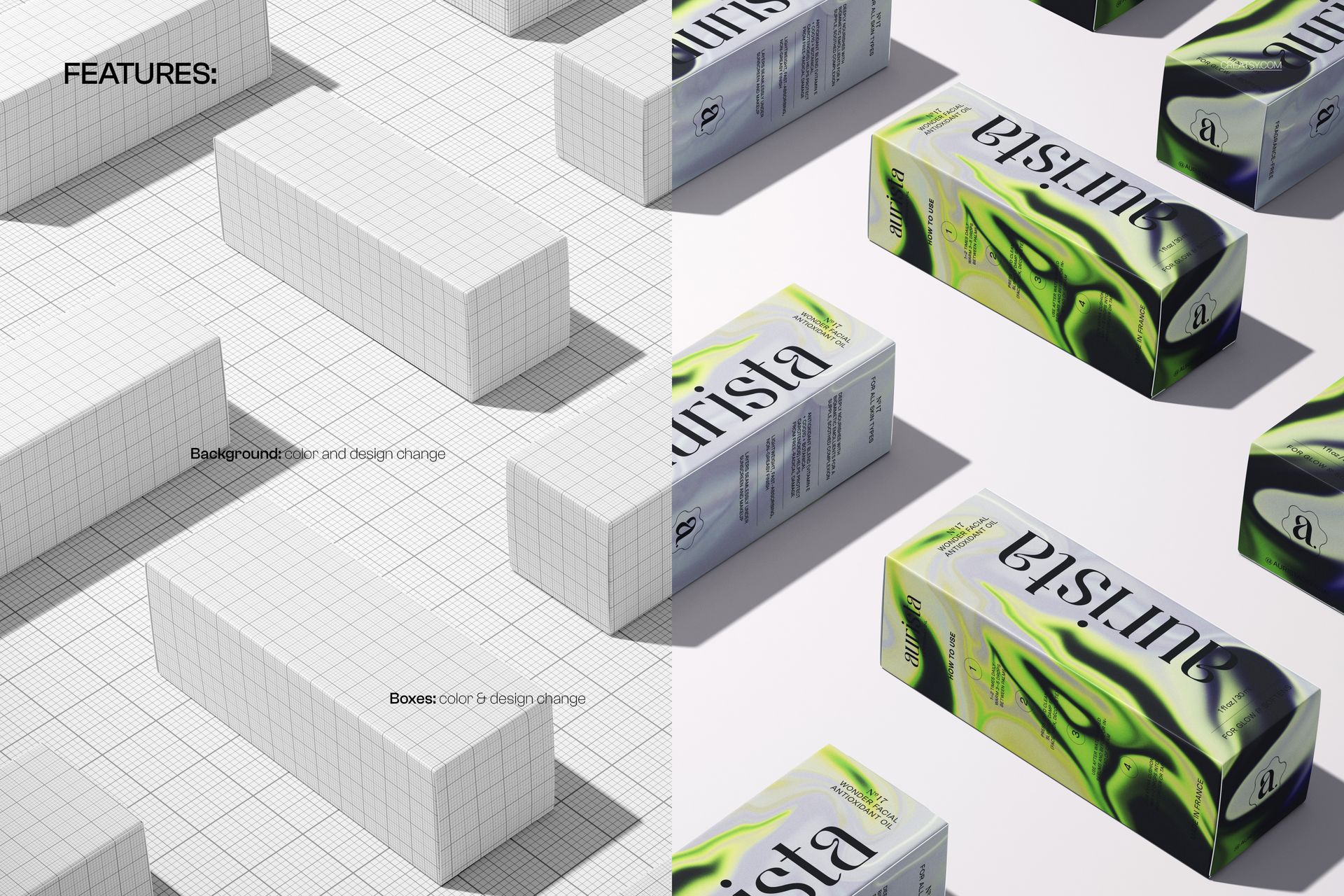 PSD mockup displaying multiple packaging boxes in isometric view, half with grid texture and half with vivid graphics.