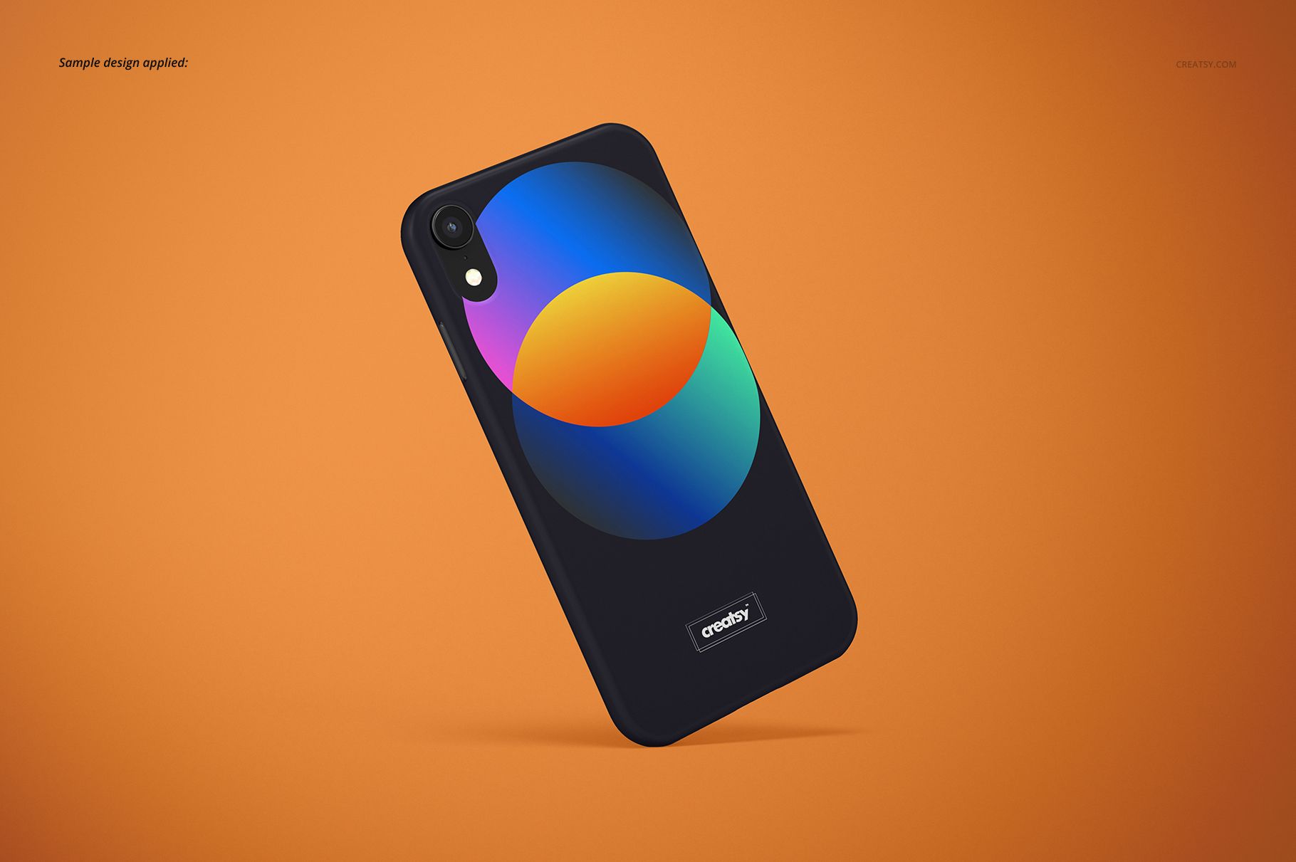 Matte iPhone XR snap case mockup featuring a dark case with a colorful abstract design, angled on an orange background.