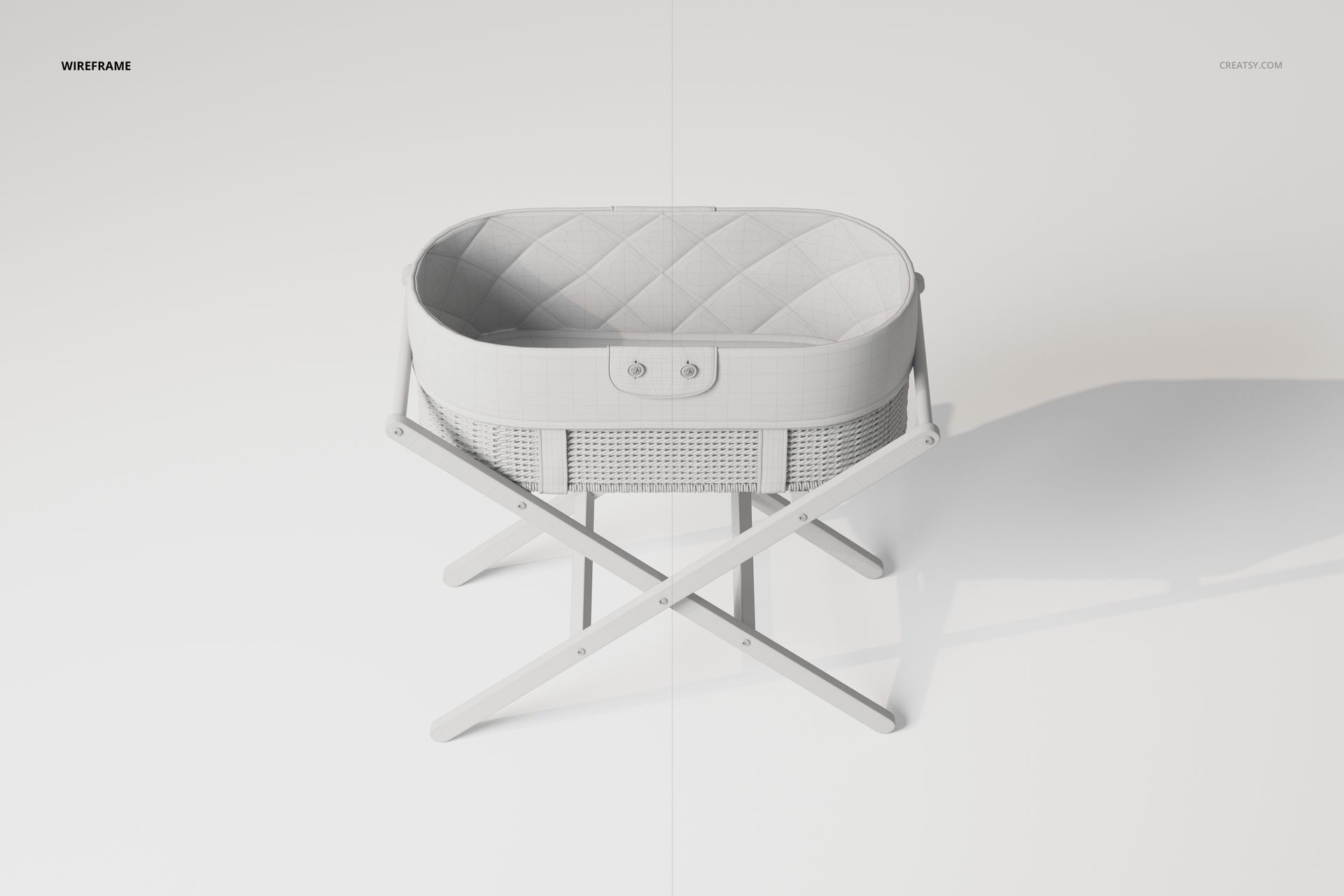 Boho style bassinet with oval quilted bedding and woven sides, shown in a front view on crossed white legs.
