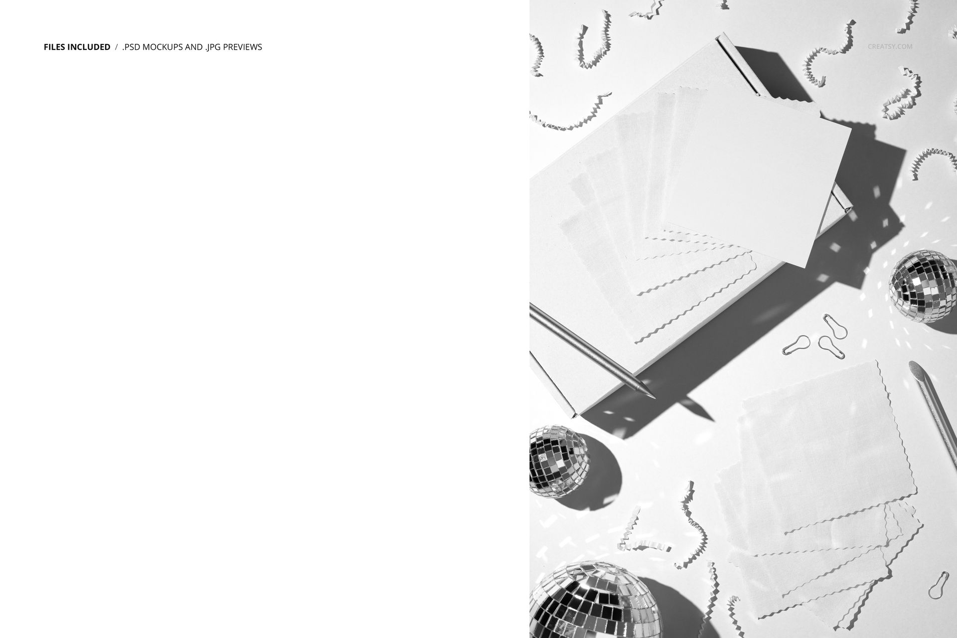 Cotton swatches mockup displayed on a flat surface with festive decorations, including metallic beads and disco balls.