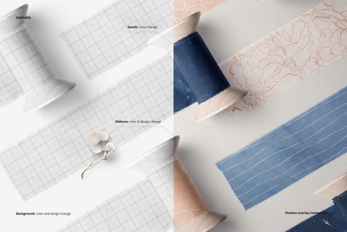 Mockup of silk ribbons on wooden spools, displayed from above with grid and floral patterns in gentle, muted tones.