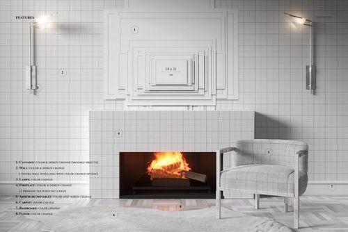 Luxurious living room mockup with a burning fireplace, geometric wall design, and upholstered armchair in neutral tones.