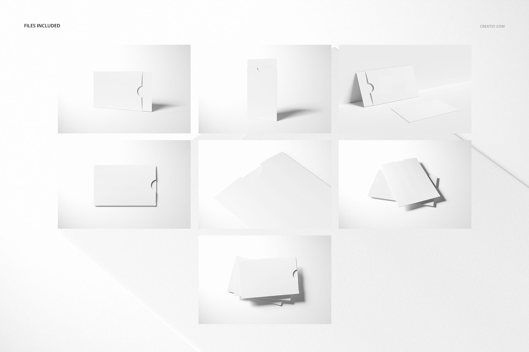 Stationery mockup set featuring various white collateral sleeves and cards arranged on a clean white background.