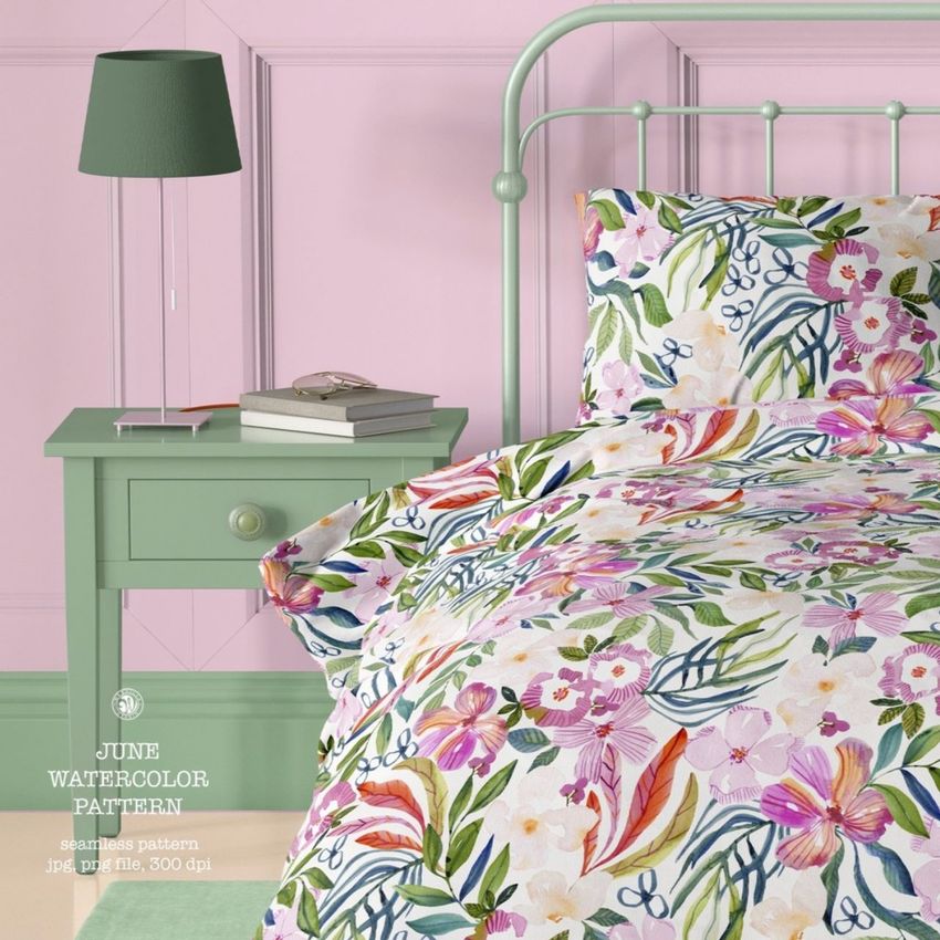 Vintage bedroom bedding mockup showing a floral patterned duvet and pillow on a mint green bed, with a matching nightstand and pink paneled wall.