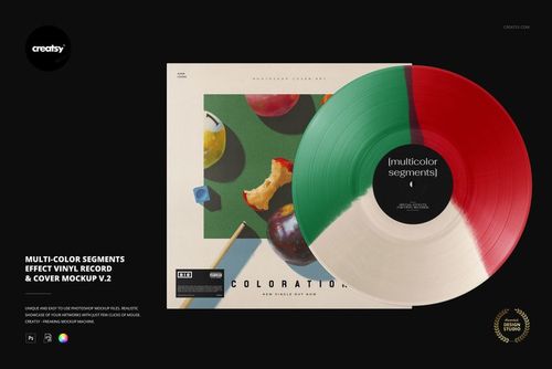 Mockup of a segmented vinyl record in red, green, and cream tones next to a cover with colorful fruit artwork.