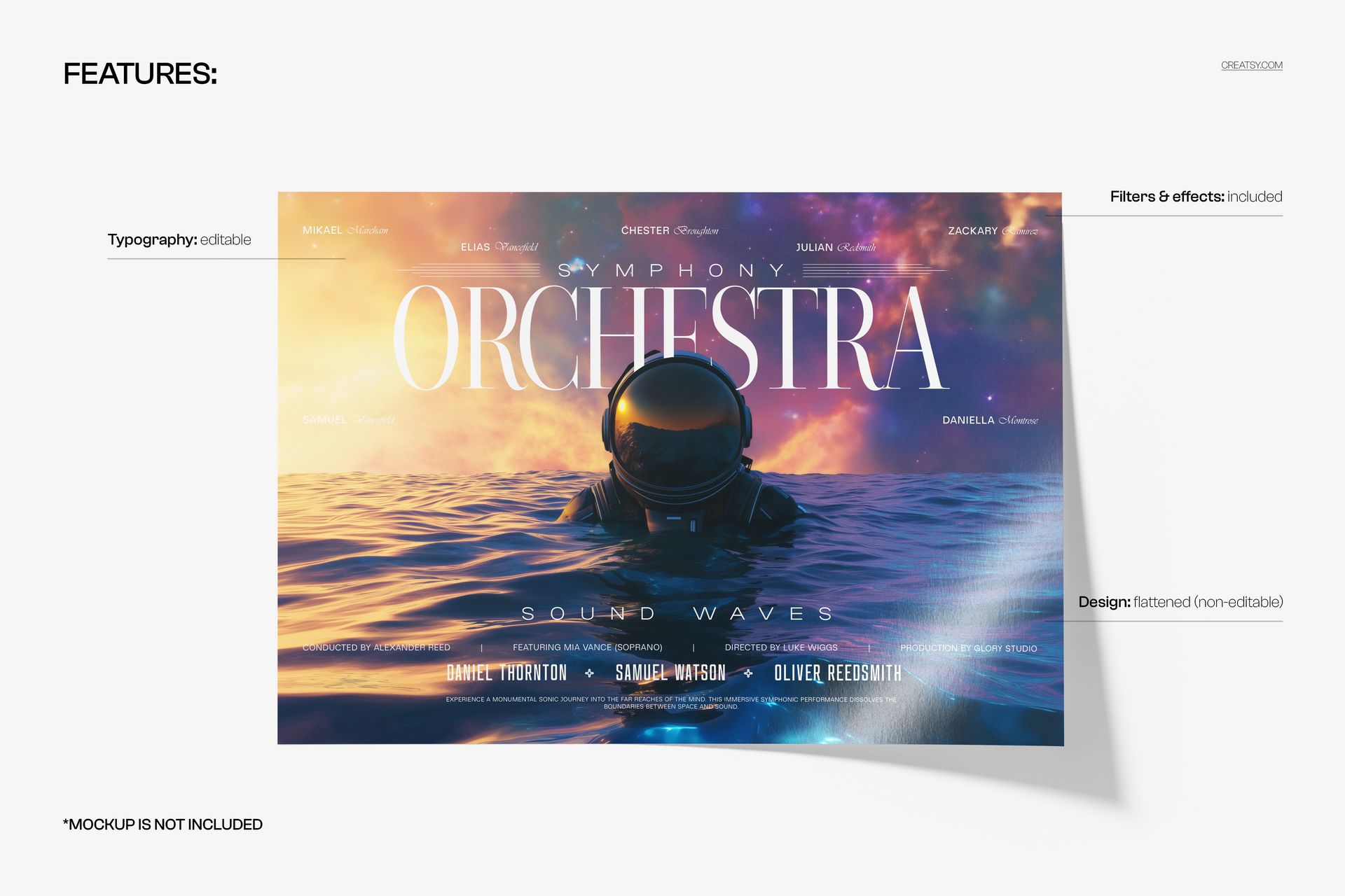 Front view of a poster mockup featuring an astronaut in a helmet floating on a calm sea under a colorful starry sky.
