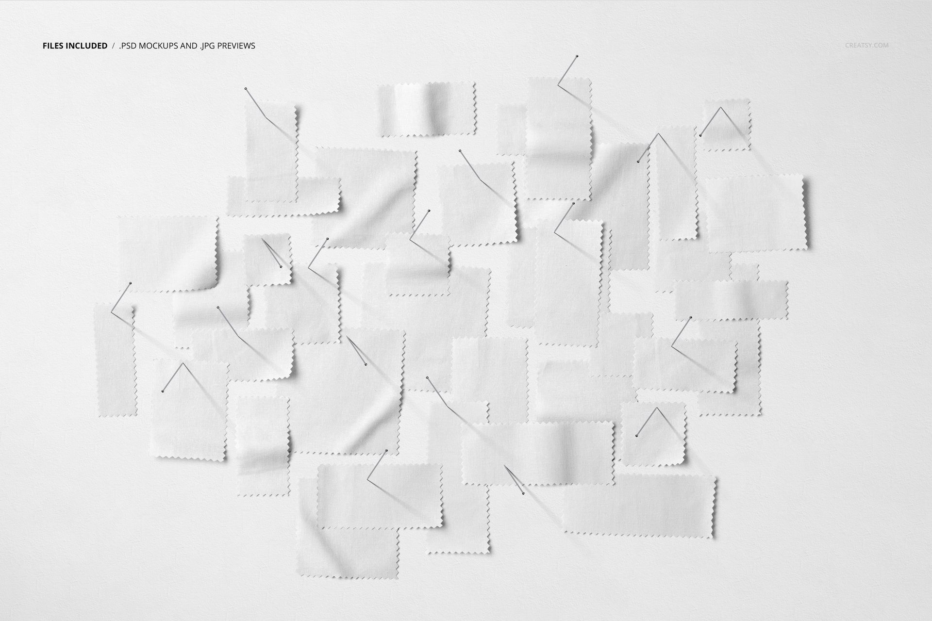 Fabric swatches mockup featuring various white textile samples with zigzag edges, neatly pinned in rows, viewed from above.