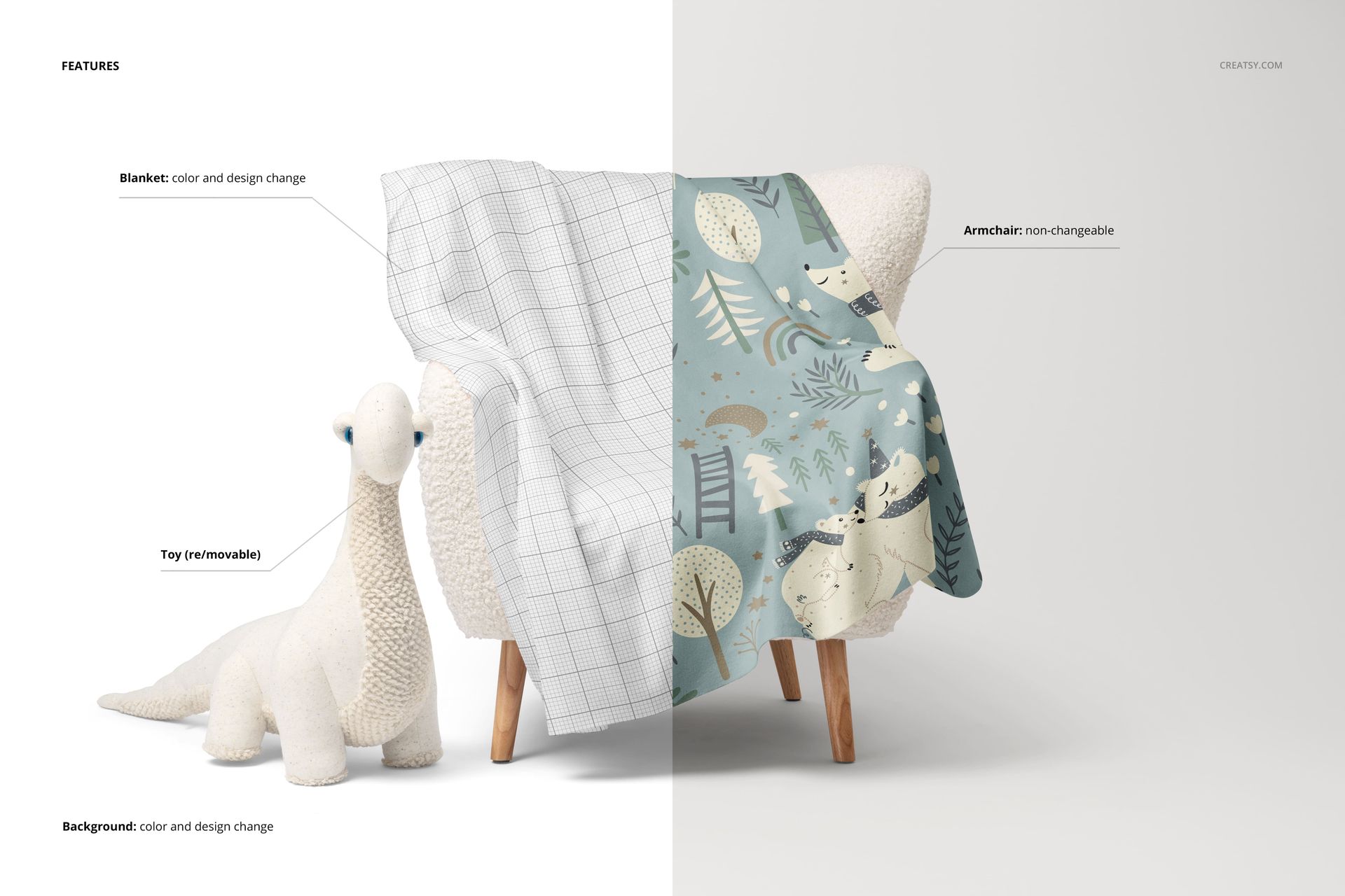 Fleece blanket with rounded corners draped over a sherpa armchair, featuring a plush dinosaur toy and split pattern design.