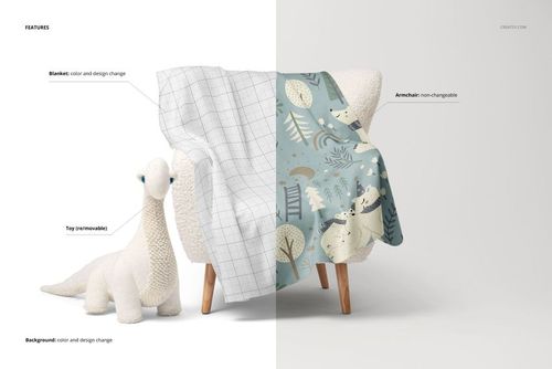 Fleece blanket with rounded corners draped over a sherpa armchair, featuring a plush dinosaur toy and split pattern design.