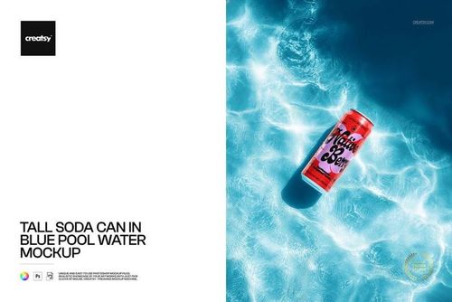 Tall soda can with vibrant red design floating in clear blue pool water, viewed from above in a PSD mockup.