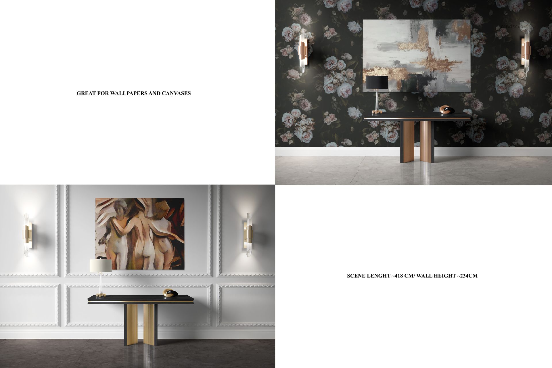 Canvas print mockups displayed above console tables in sophisticated rooms, featuring floral and abstract wall art.