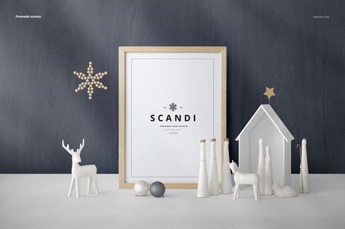 Scandi-style Christmas mockup featuring a framed print, white figurines, and festive decorations on a light surface.