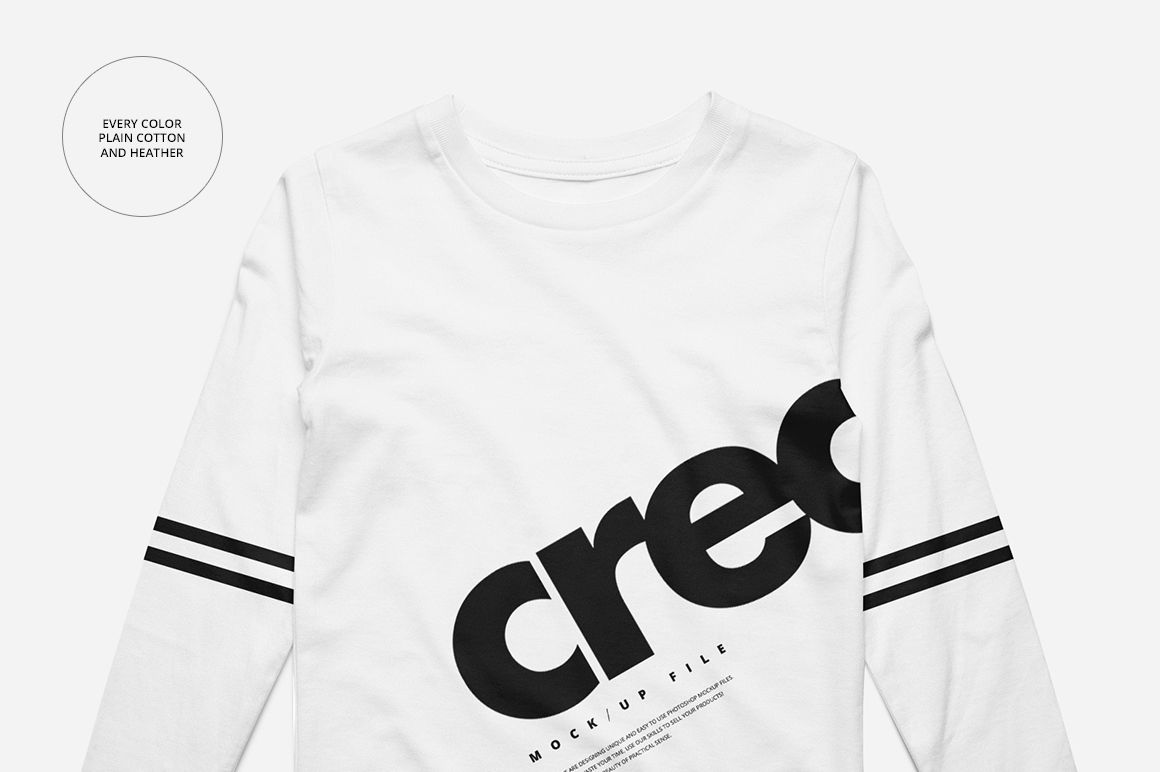 Front view of a kids long sleeve shirt mockup in white with black diagonal text and black stripes on the sleeves.
