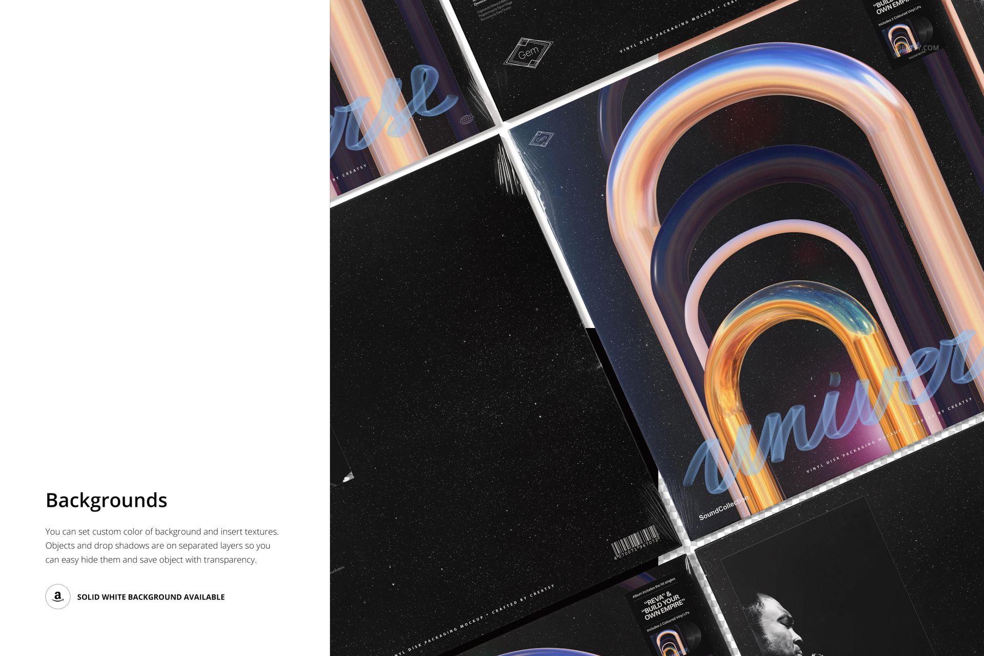 Flat lay of multiple vinyl record covers with swirling gradient artwork and cosmic themes, shown as a PSD mockup.