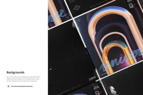 Flat lay of multiple vinyl record covers with swirling gradient artwork and cosmic themes, shown as a PSD mockup.