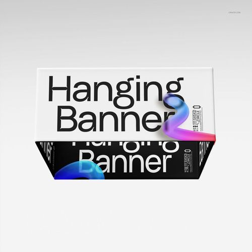 Square hanging display banner mockup shown from a slightly angled front view, featuring bold black and white text and a colorful ribbon accent.
