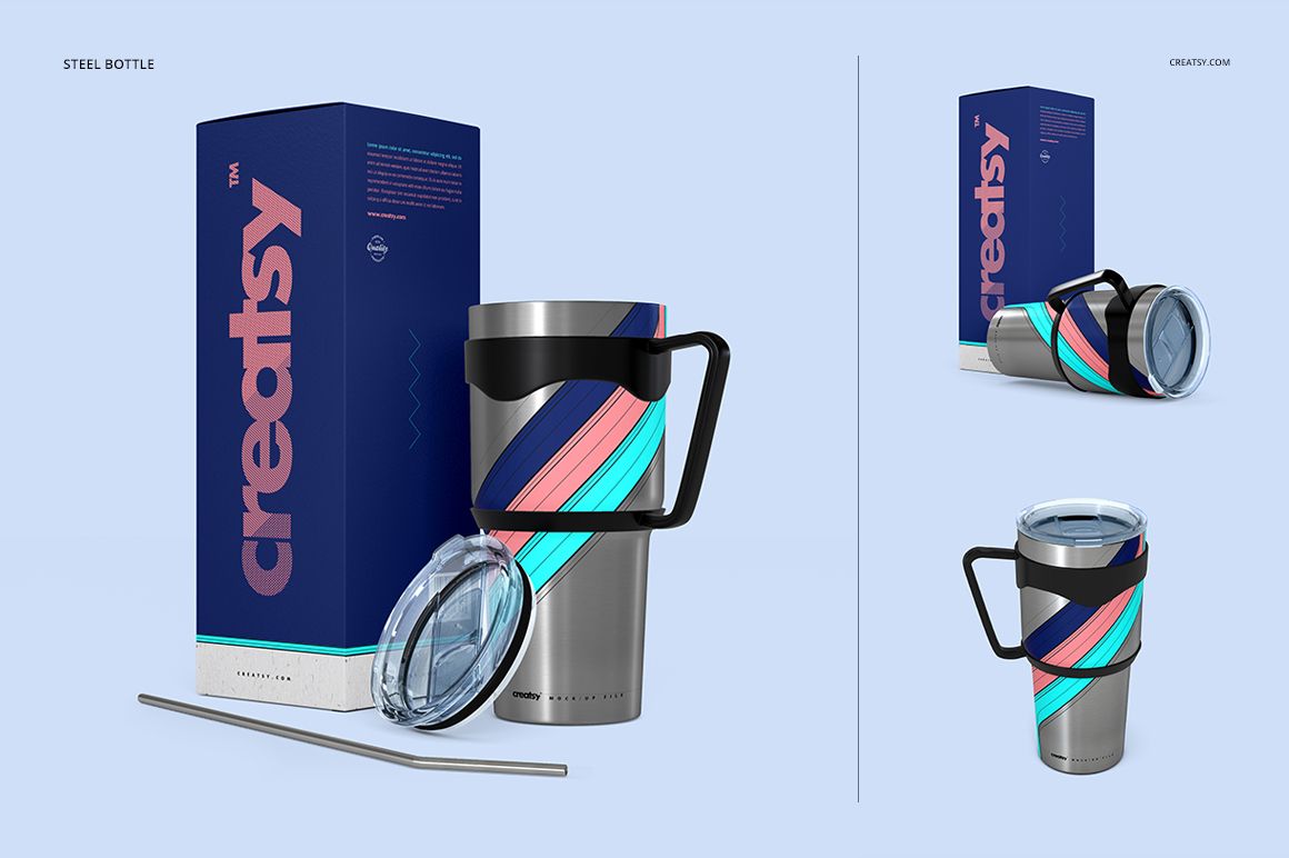 PSD mockup of a 30oz steel tumbler with multicolored stripes, accompanied by a transparent lid, metal straw, and branded box.