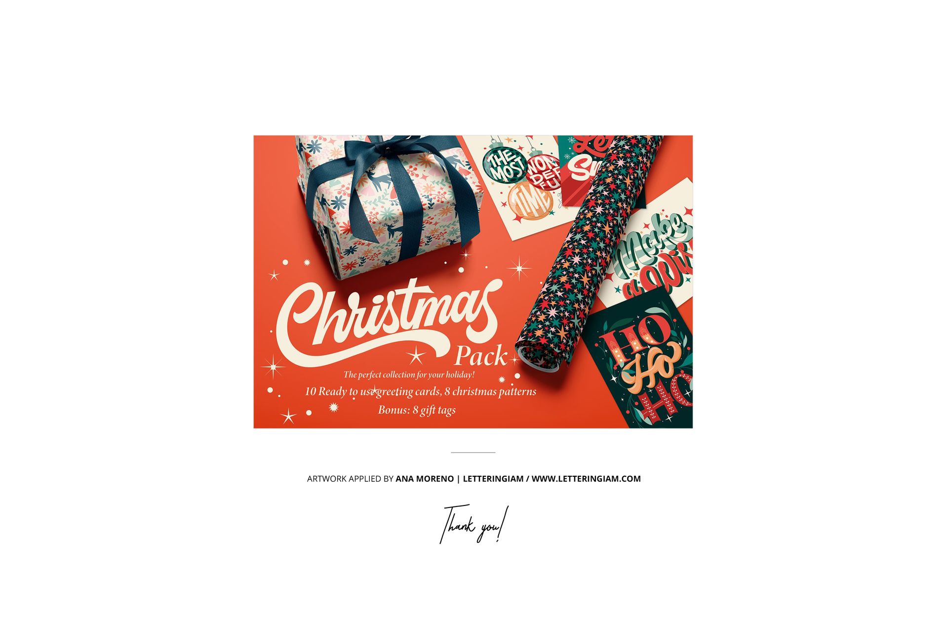 Christmas-themed mockup featuring a Santa bag with wrapped presents, festive gift tags, and patterned wrapping paper on an orange background.