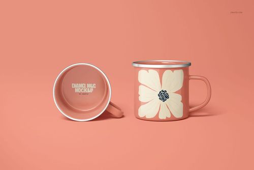 PSD mockup of enamel mugs with peach color and cream flower motif, displayed in front and top perspectives.