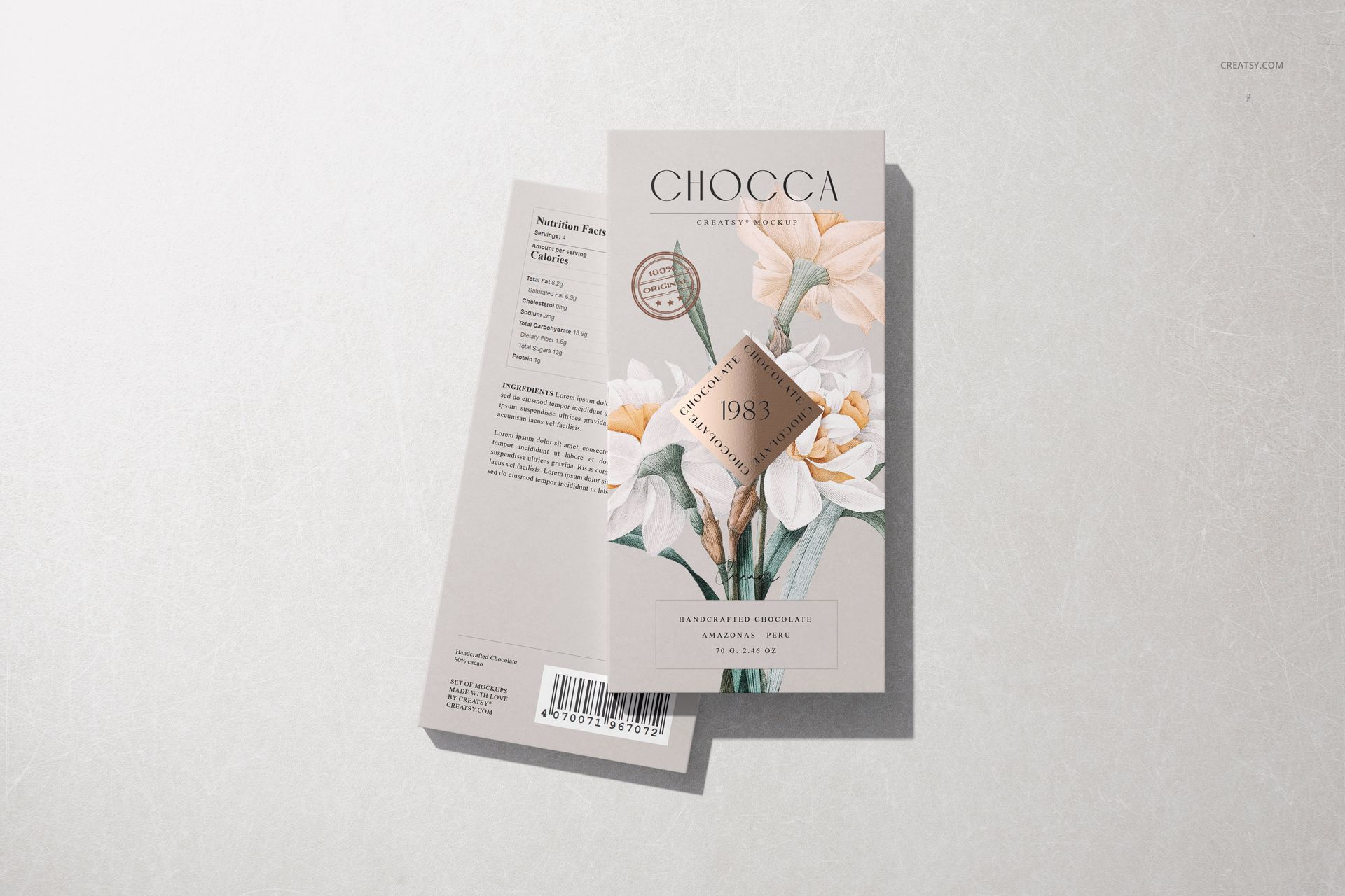 Chocolate bar PSD mockup showing two packages, one face-up and one face-down, with elegant flower artwork.