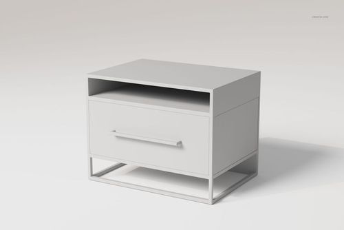 Modern bedside table with a single drawer and open shelf, shown in a minimalist white finish on a light background.