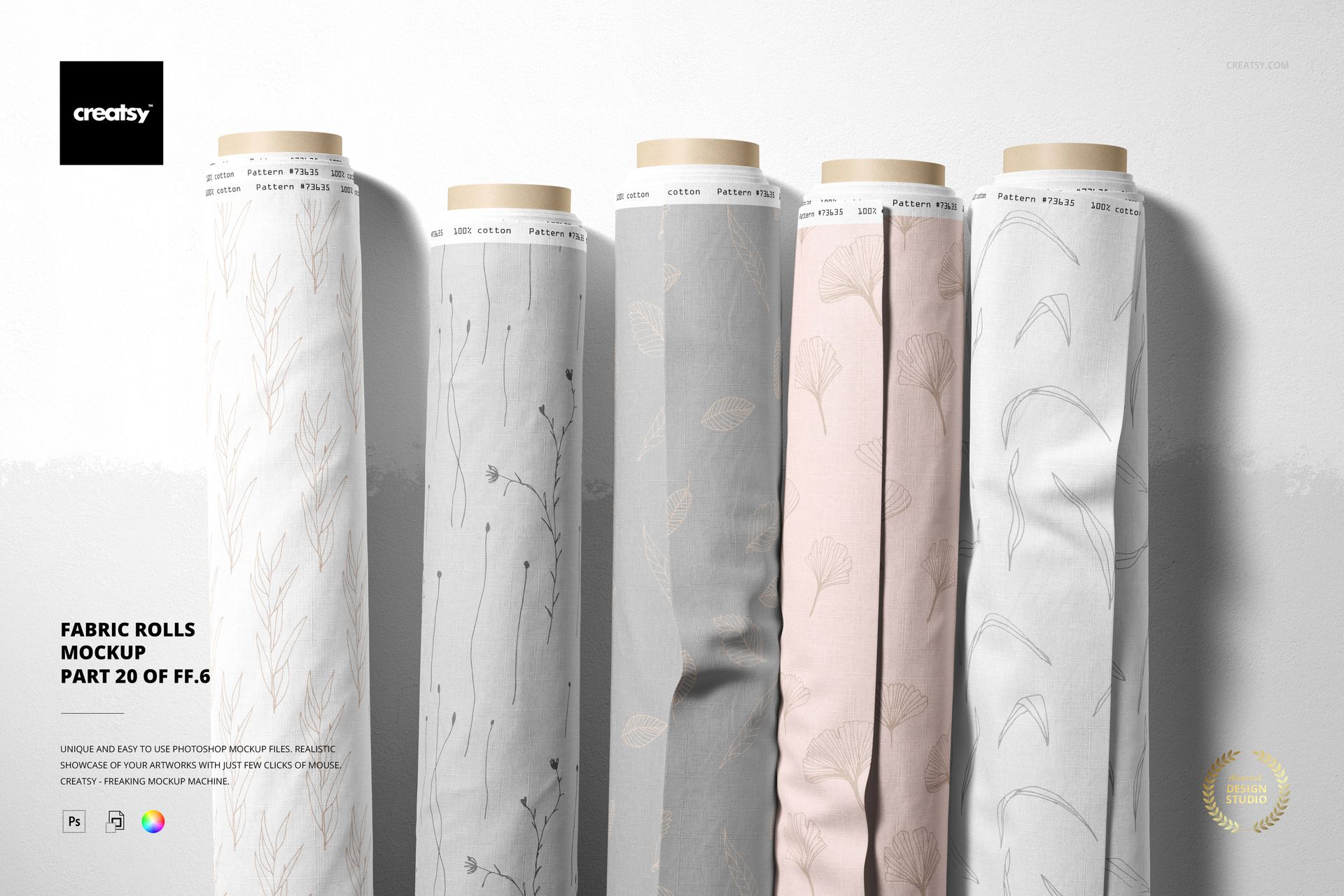 Five vertical fabric rolls in shades of gray, pink, and white, featuring delicate line art floral designs in a mockup scene.