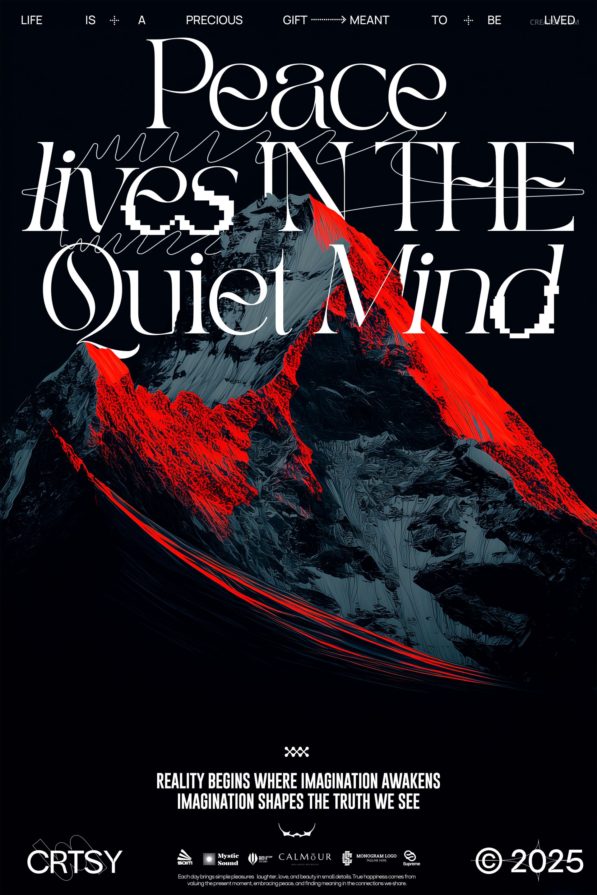 Front view of a poster mockup showing a rugged mountain landscape with bold red accents and motivational typography.