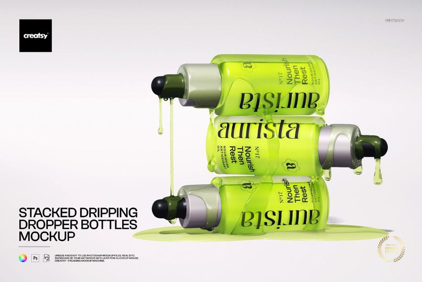 Three bright green dropper bottles arranged in a stack, dripping liquid, shown in a PSD mockup on a white background.