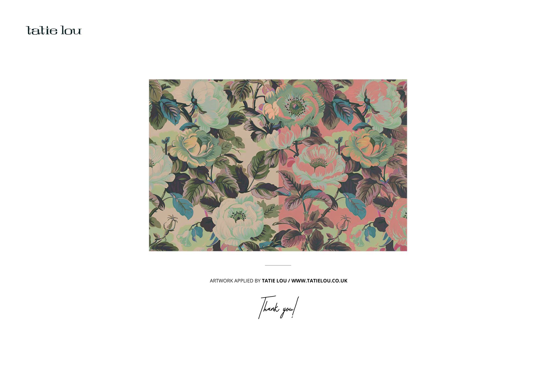 Rectangular floral pattern featuring large pastel flowers and green leaves on a muted background, front view.