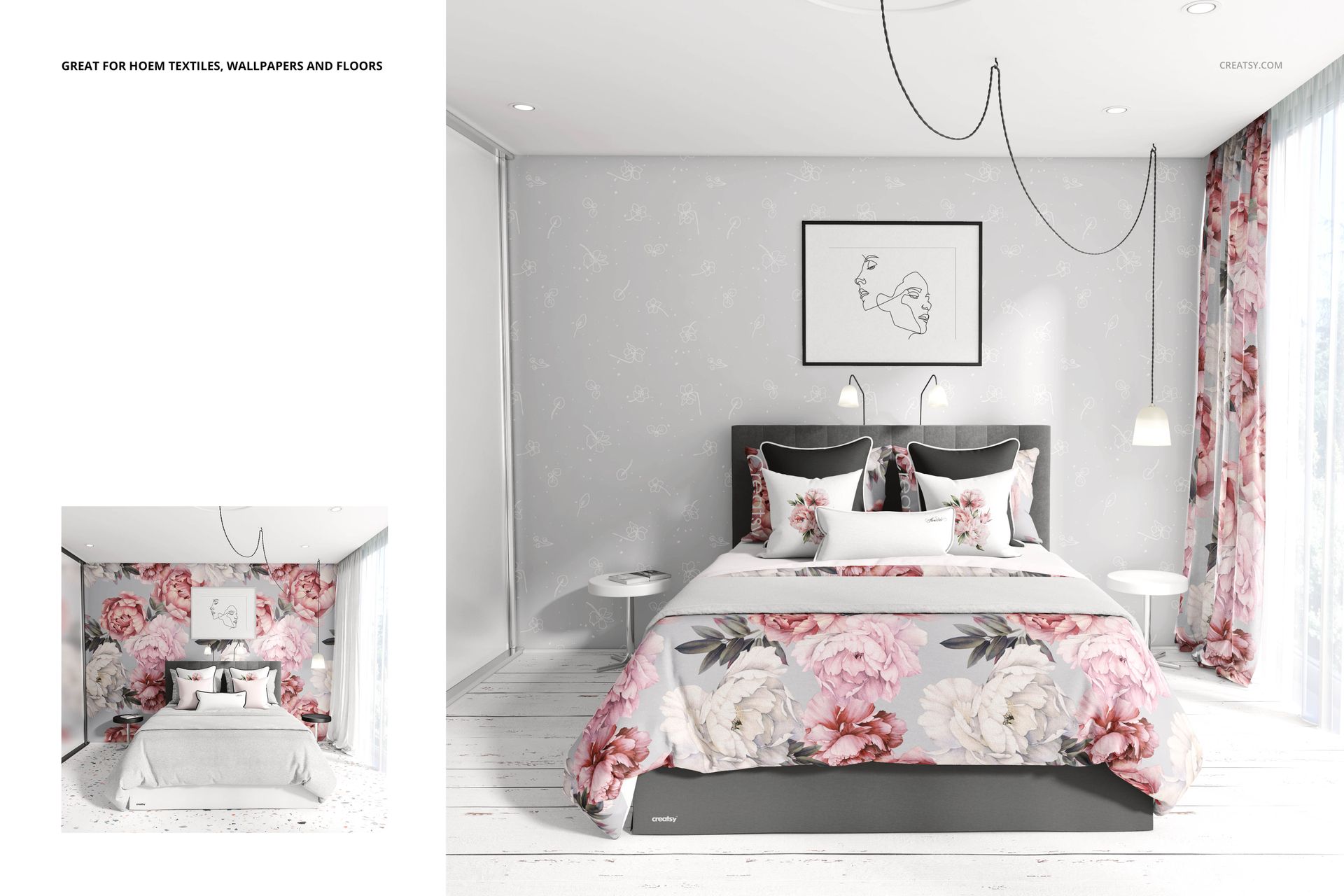 PSD mockup of a modern bedroom showing a bed with pink flower bedding, matching pillows, and simple wall art.
