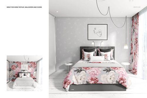 PSD mockup of a modern bedroom showing a bed with pink flower bedding, matching pillows, and simple wall art.