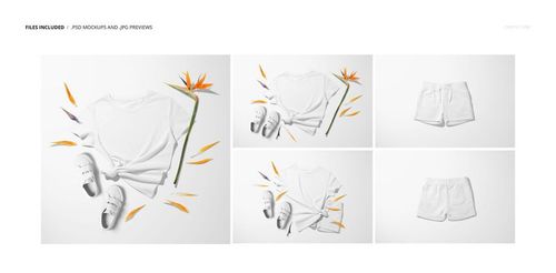 Flat lay of kids T-shirt, shorts, and shoes mockup with bird of paradise flowers on a white background.
