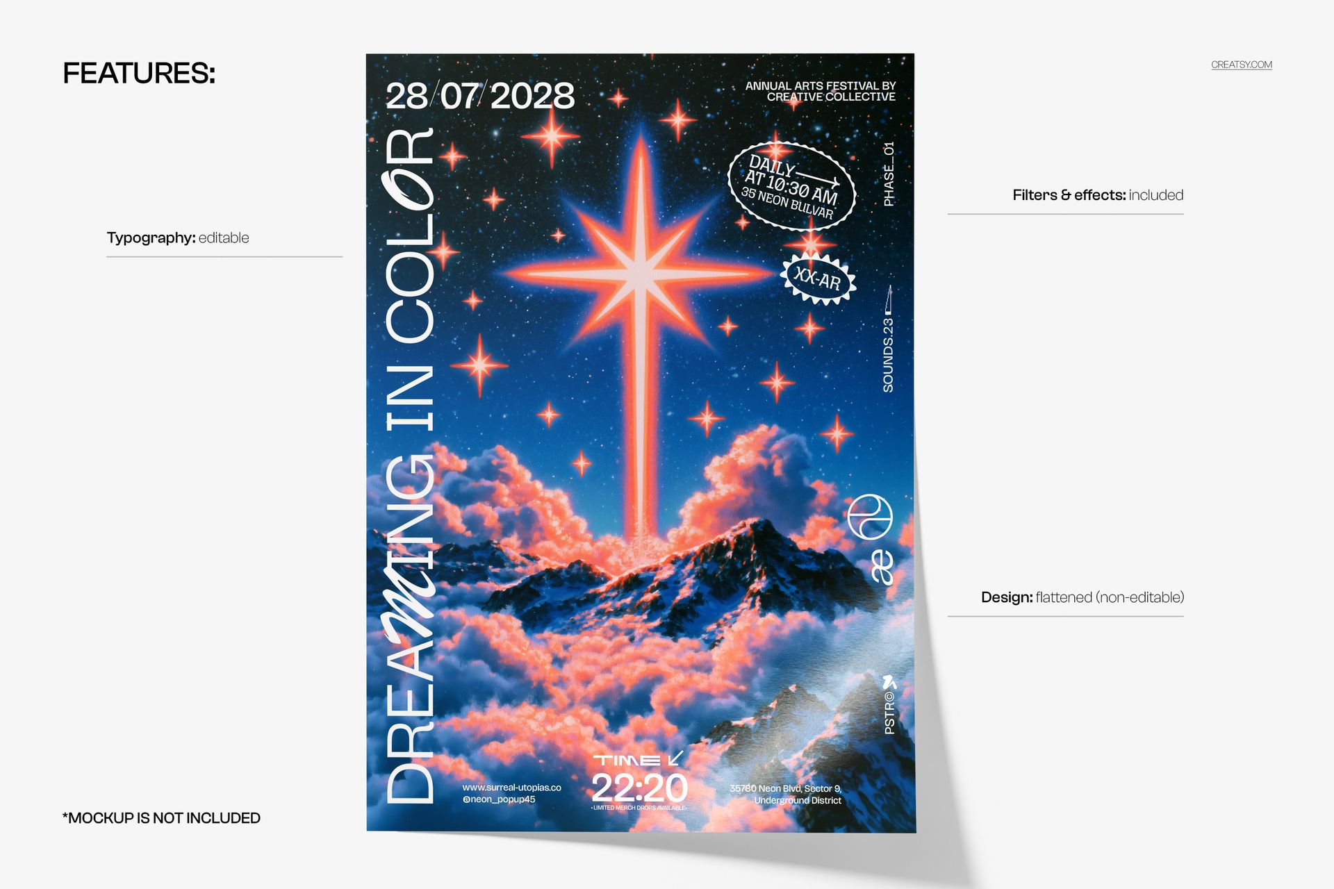 PSD mockup of a poster template showing a radiant star over vibrant clouds, surrounded by typography and event information.