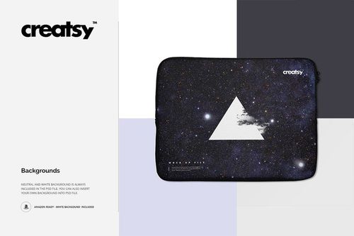 Laptop sleeve mockup featuring a cosmic space print with a geometric white triangle, displayed on a white and gray backdrop.