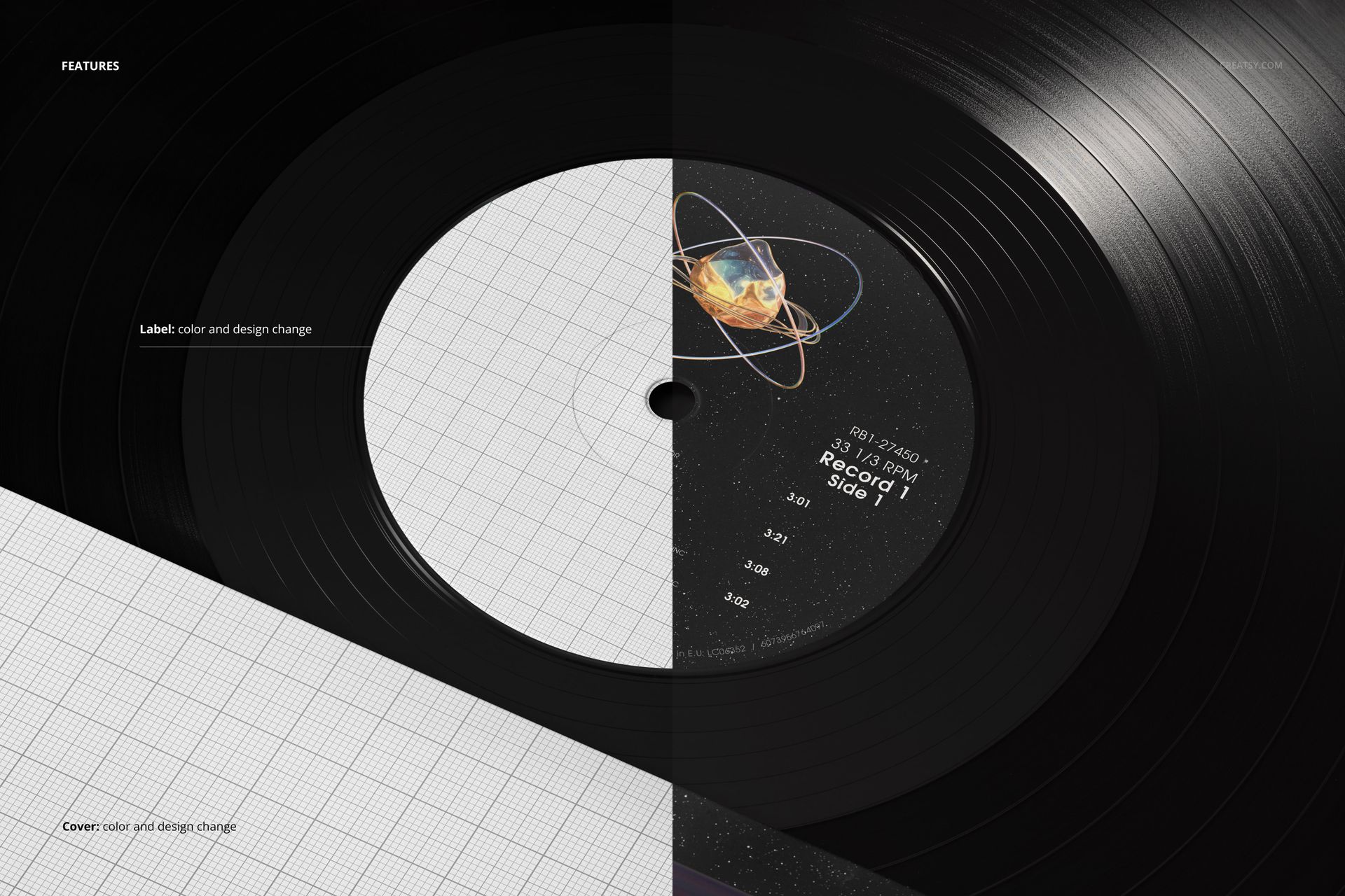 Close-up view of a black vinyl record with a customizable label, next to a grid-patterned record cover mockup.