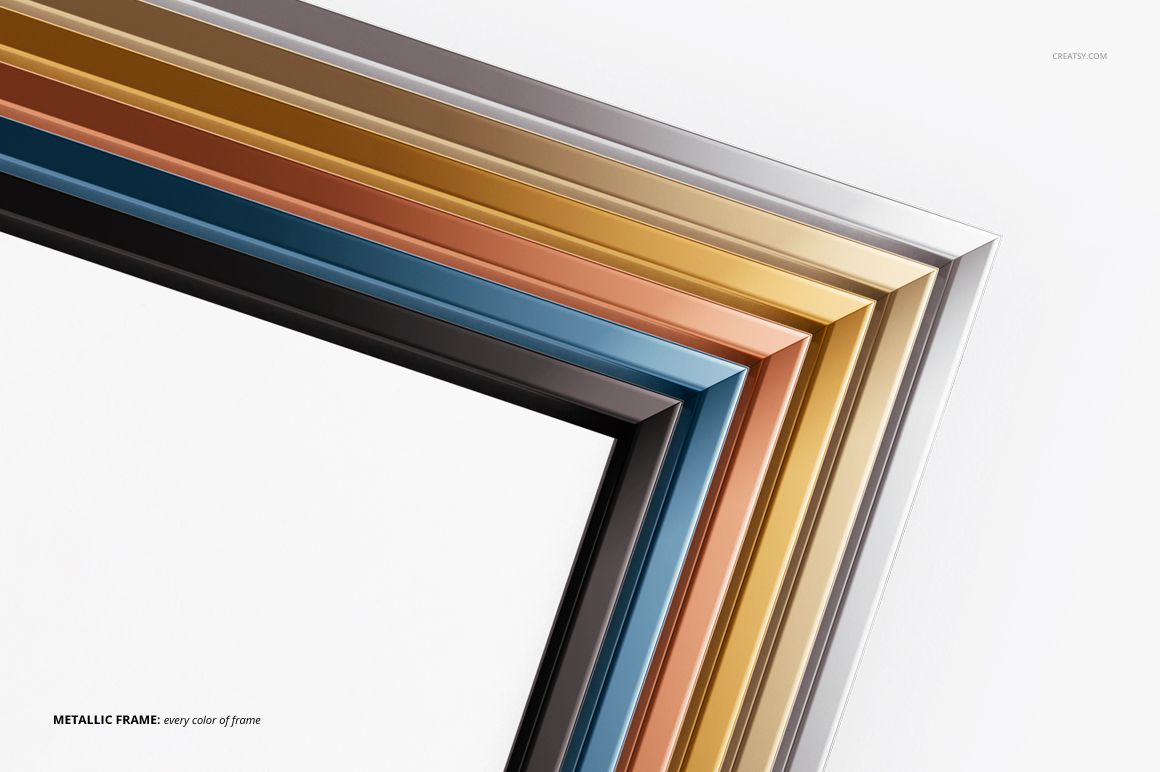 PSD mockup showing multiple deep picture frames in various metallic finishes, viewed from the front corner perspective.