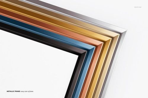 PSD mockup showing multiple deep picture frames in various metallic finishes, viewed from the front corner perspective.