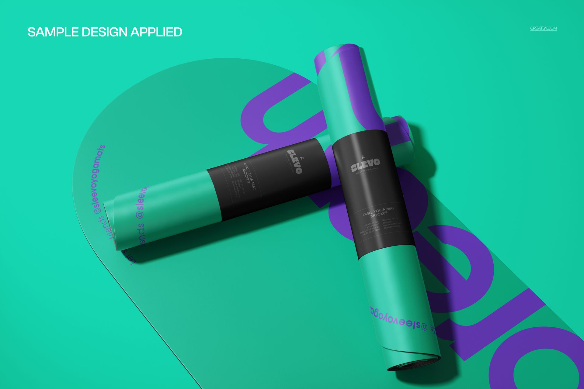 Two rolled oval yoga mats with bold turquoise and purple patterns resting on a flat mat, top view mockup scene.