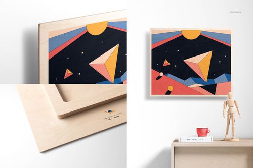 Rectangular plywood wall art mockup featuring geometric artwork in bold colors, shown in a modern room setting.