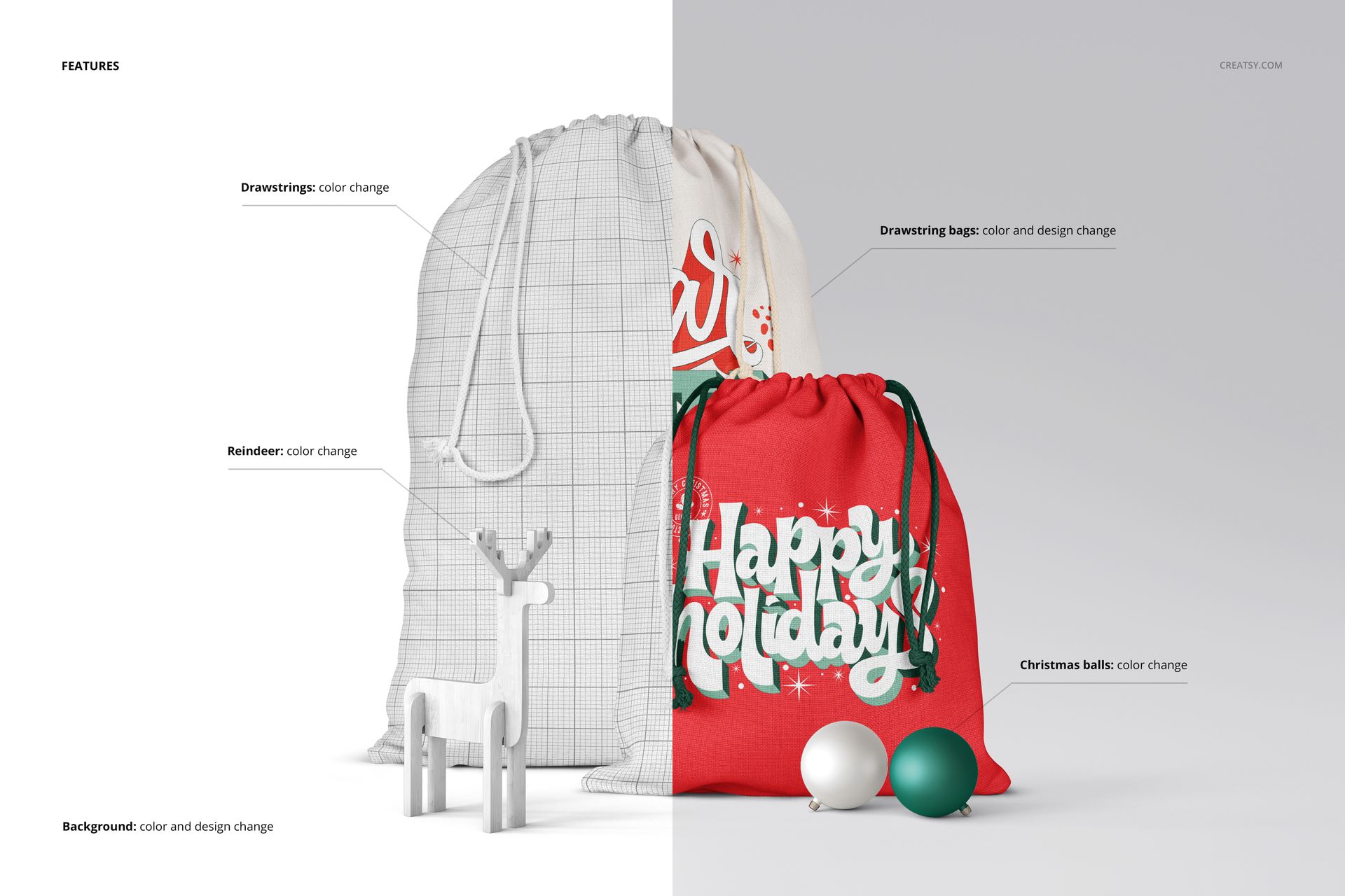 Christmas PSD mockup featuring large and small drawstring bags, one plain and one decorated, with holiday props and baubles.