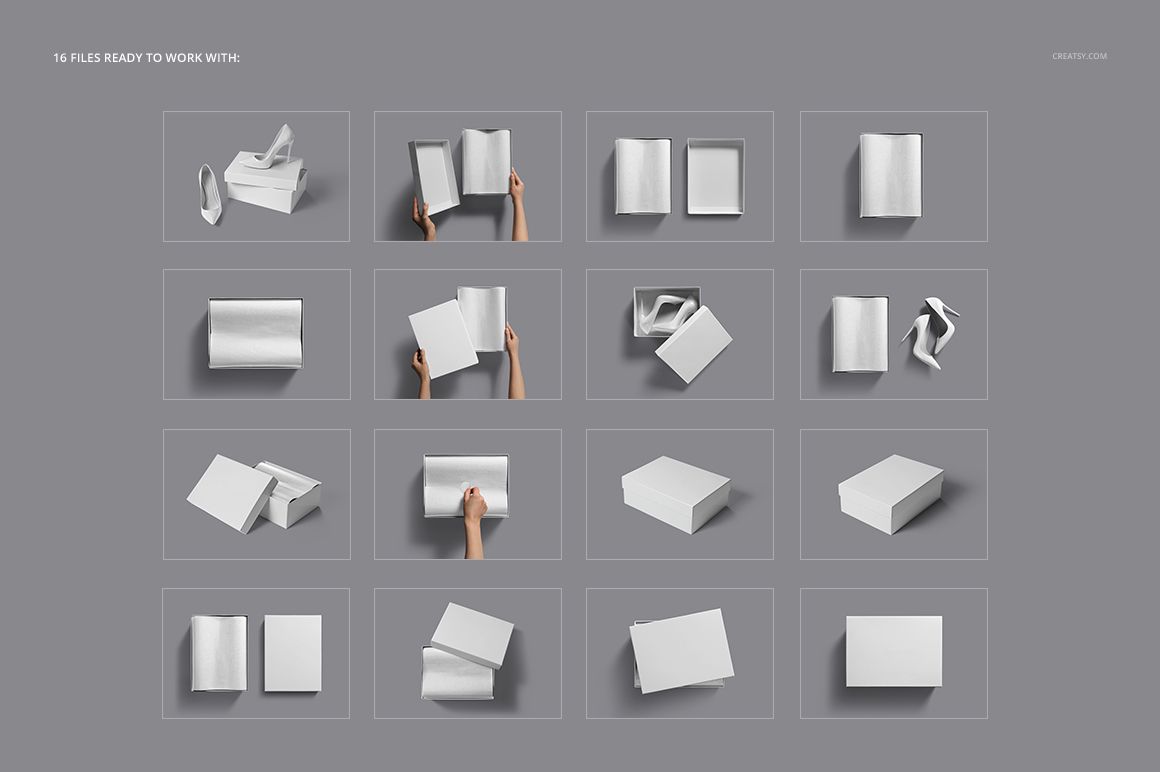 Shoe box mockup set displaying various white boxes and high heels from multiple angles on a neutral gray background.