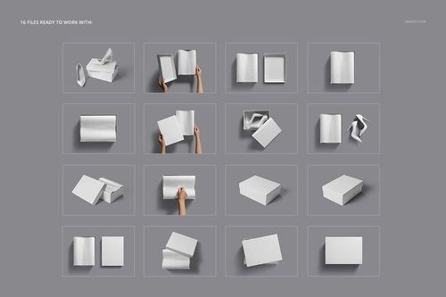 Shoe box mockup set displaying various white boxes and high heels from multiple angles on a neutral gray background.