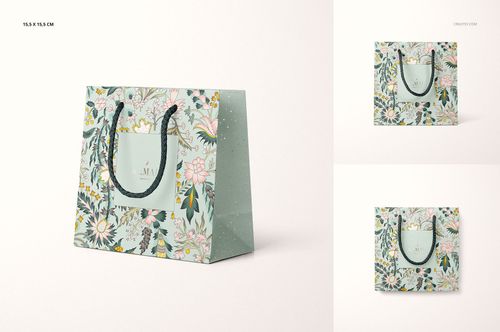 Paper bag mockup featuring a green floral design, sturdy rope handles, and a soft neutral backdrop in three angles.