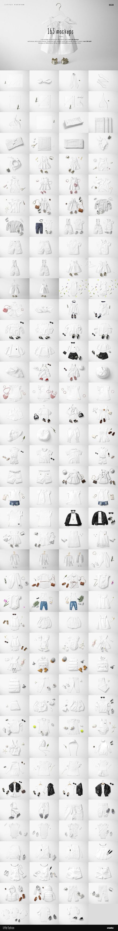 Collection of kids apparel mockups displayed in a grid, featuring various clothing styles in neutral colors, front view.