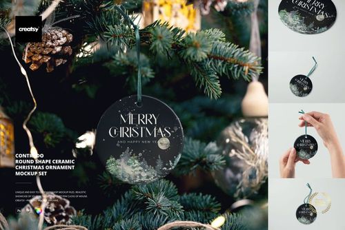 PSD mockup of circular ceramic ornament featuring a holiday motif, displayed on a Christmas tree with gold accents.
