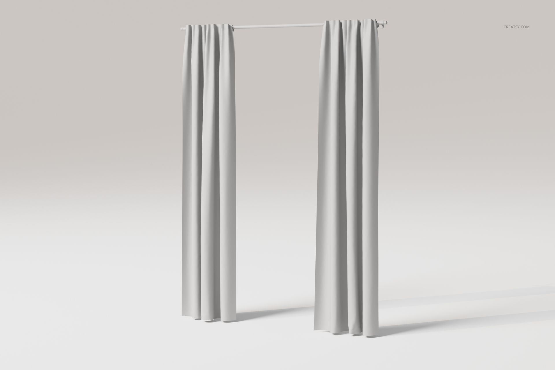 Front view of elegant bedroom curtains in light gray fabric, hanging from a simple white curtain rod on a neutral background.